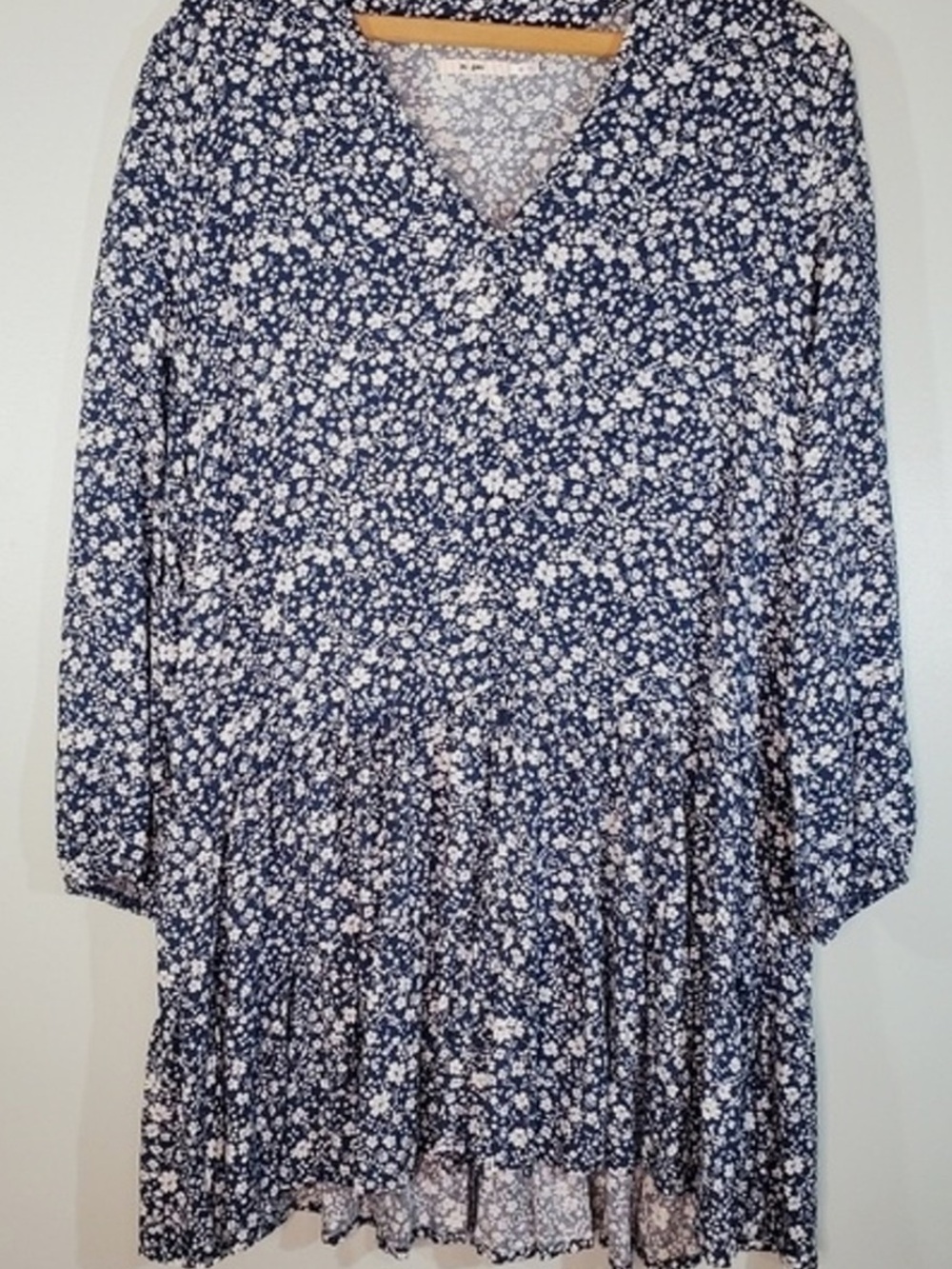 Francesca's Collections Navy and White Floral Long Sleeve Tiered Dress
